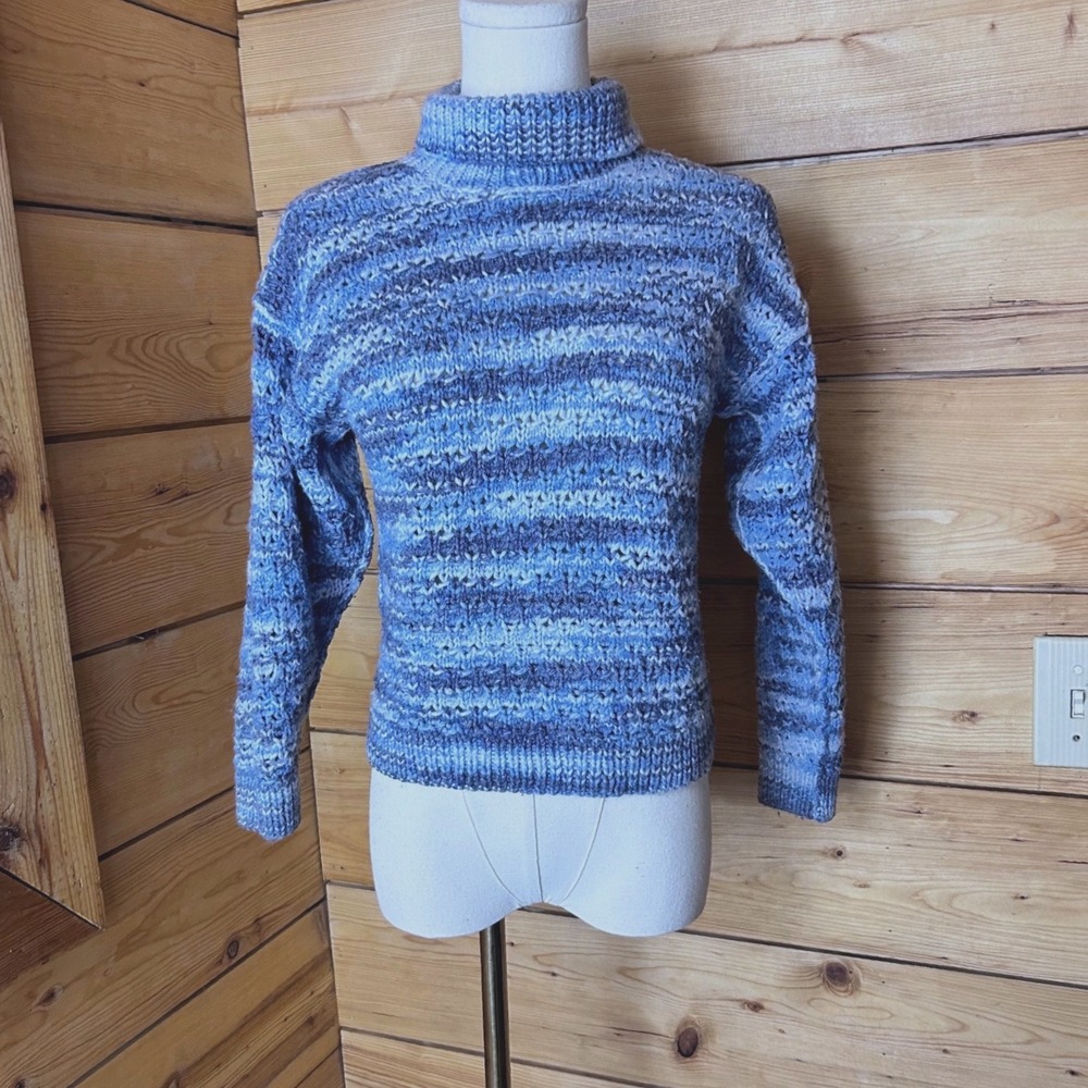 Vintage Space Dye Chunky Turtleneck Sweater Womens Small Blue Handmade MCM